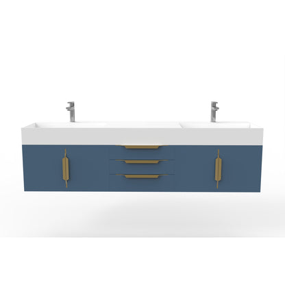 Castello USA Amazon 72" Blue Double Vanity Set With White Top and Gold Handles