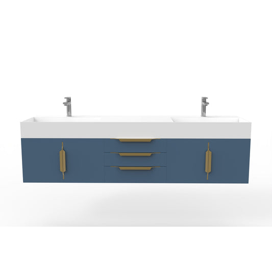 Castello USA Amazon 72" Blue Double Vanity Set With White Top and Gold Handles