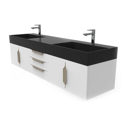 Castello USA Amazon 72" White Double Vanity Set With Black Top and Gold Handles