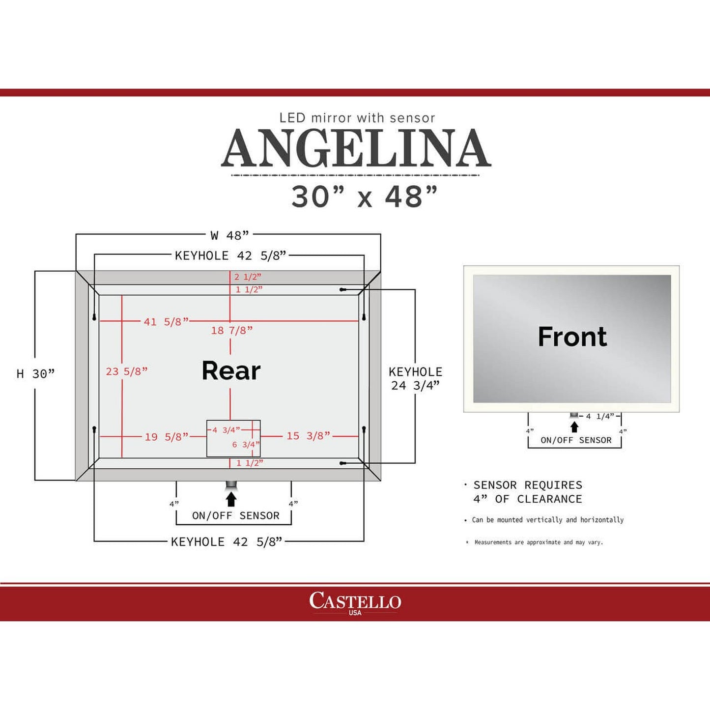 Castello USA Angelina 48" x 30" LED Bathroom Mirror With On/Off Sensor