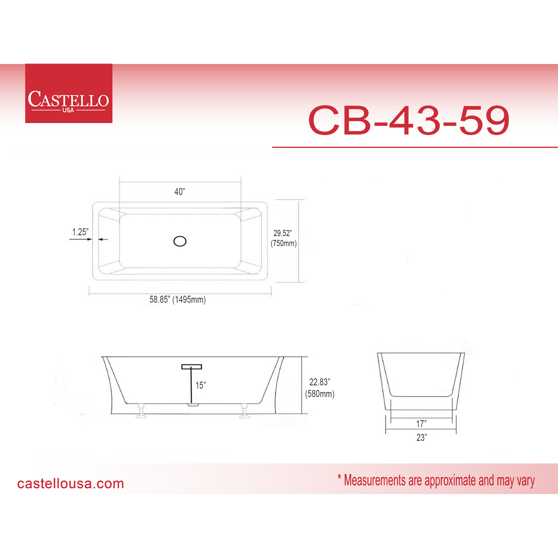 Castello USA Blaire 59" White Acrylic Freestanding Bathtub With Pop-up Drain