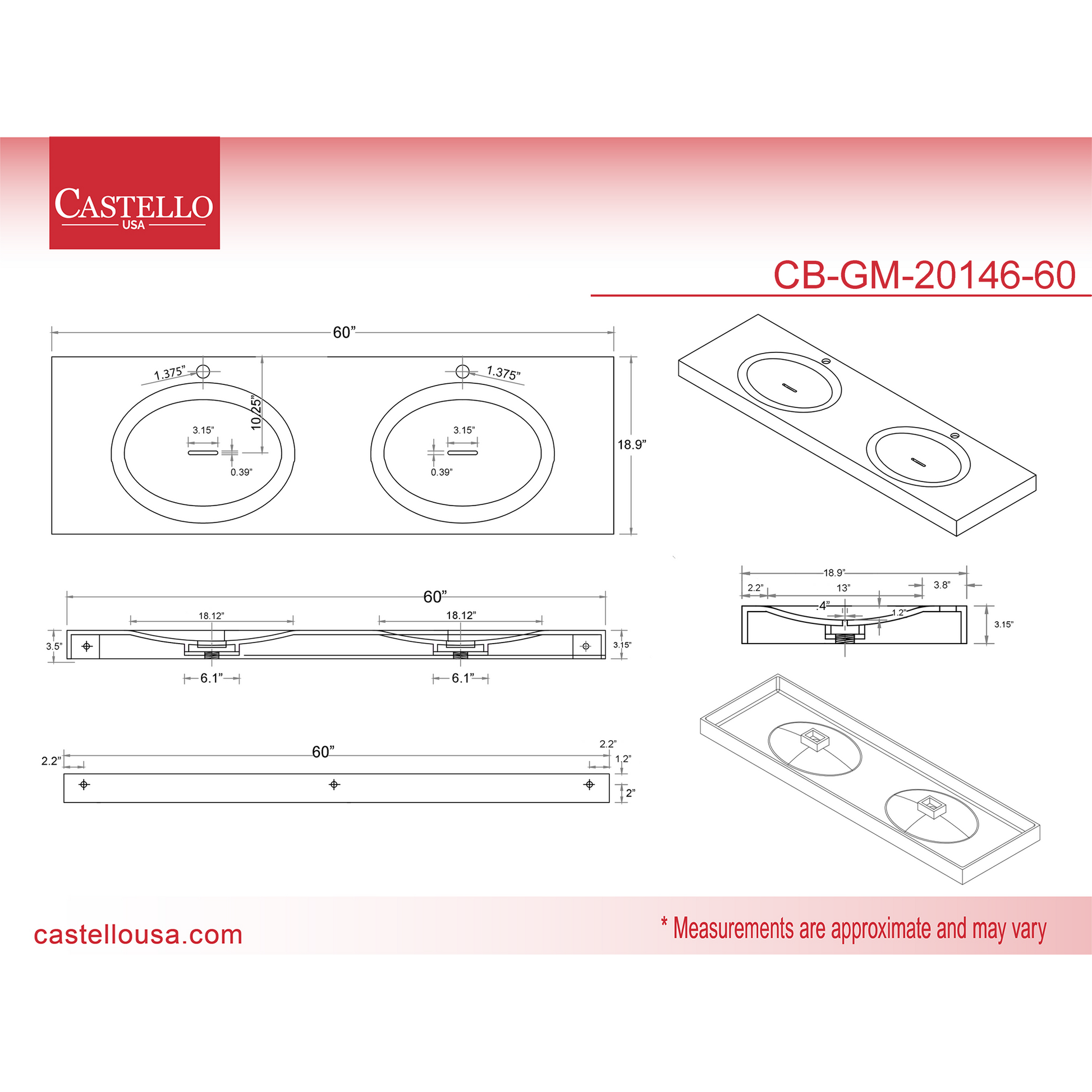Castello USA Darleen 60" White Wall-Mounted Shallow Basin Bathroom Sink