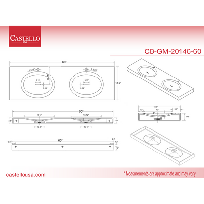 Castello USA Darleen 60" White Wall-Mounted Shallow Basin Bathroom Sink