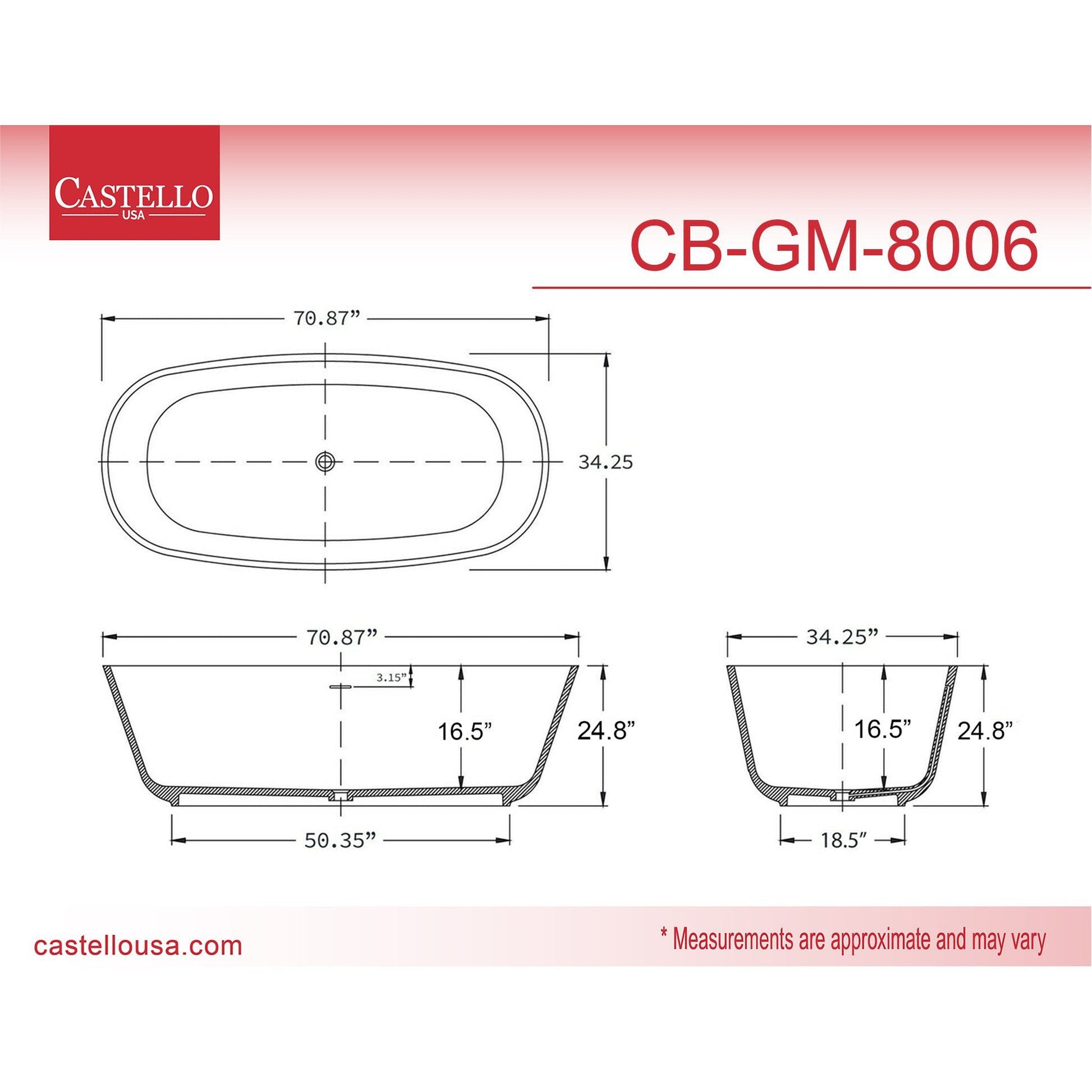 Castello USA Hermosa 71" Black Freestanding Bathtub