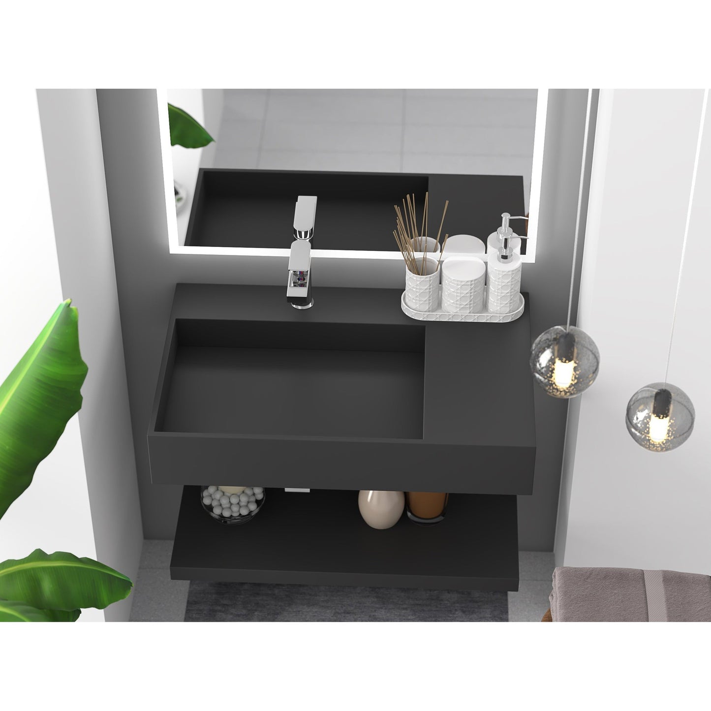 Castello USA Juniper 30" Black Left Offset Wall-Mounted Bathroom Sink With Faucet Hole