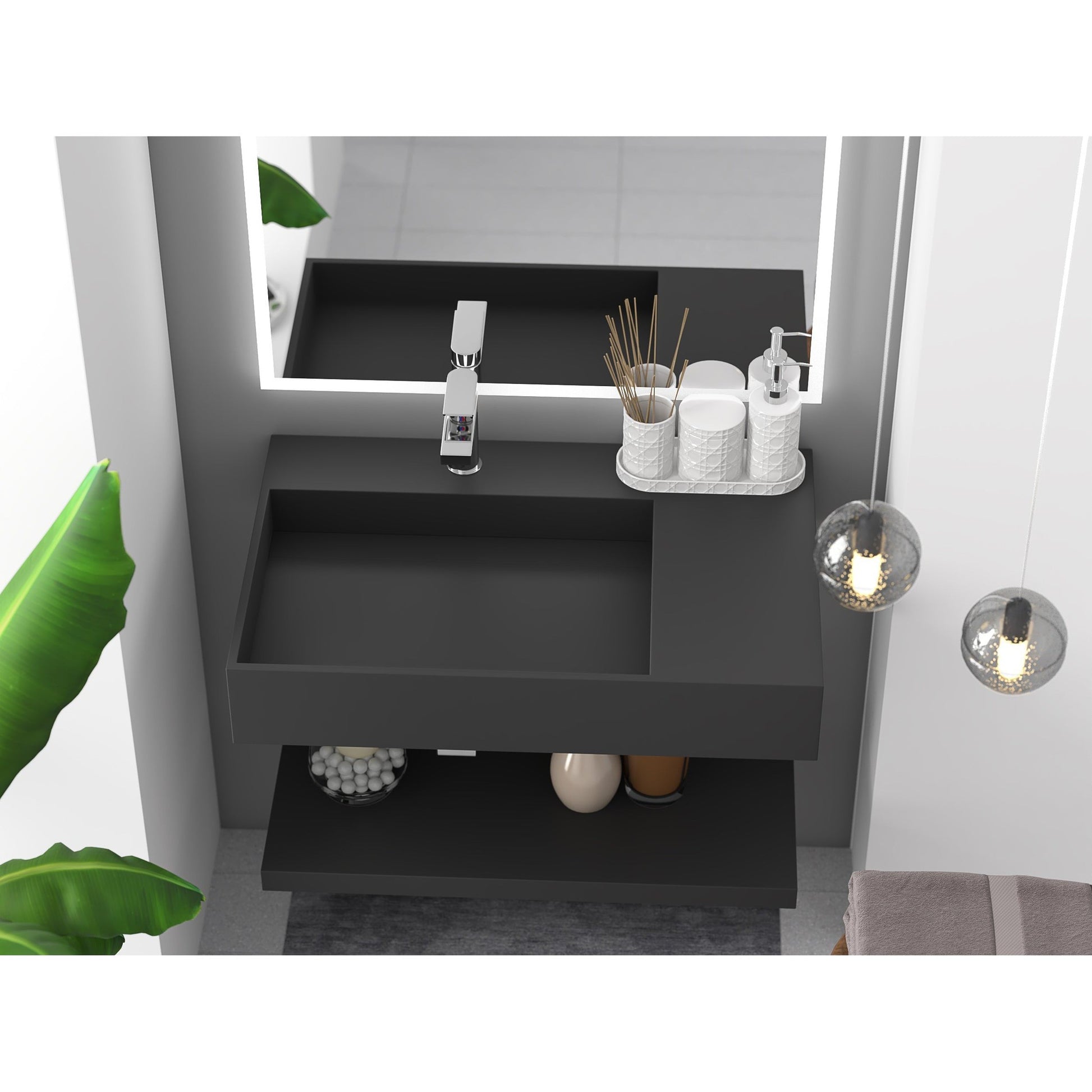 Castello USA Juniper 30" Black Left Offset Wall-Mounted Bathroom Sink With Faucet Hole