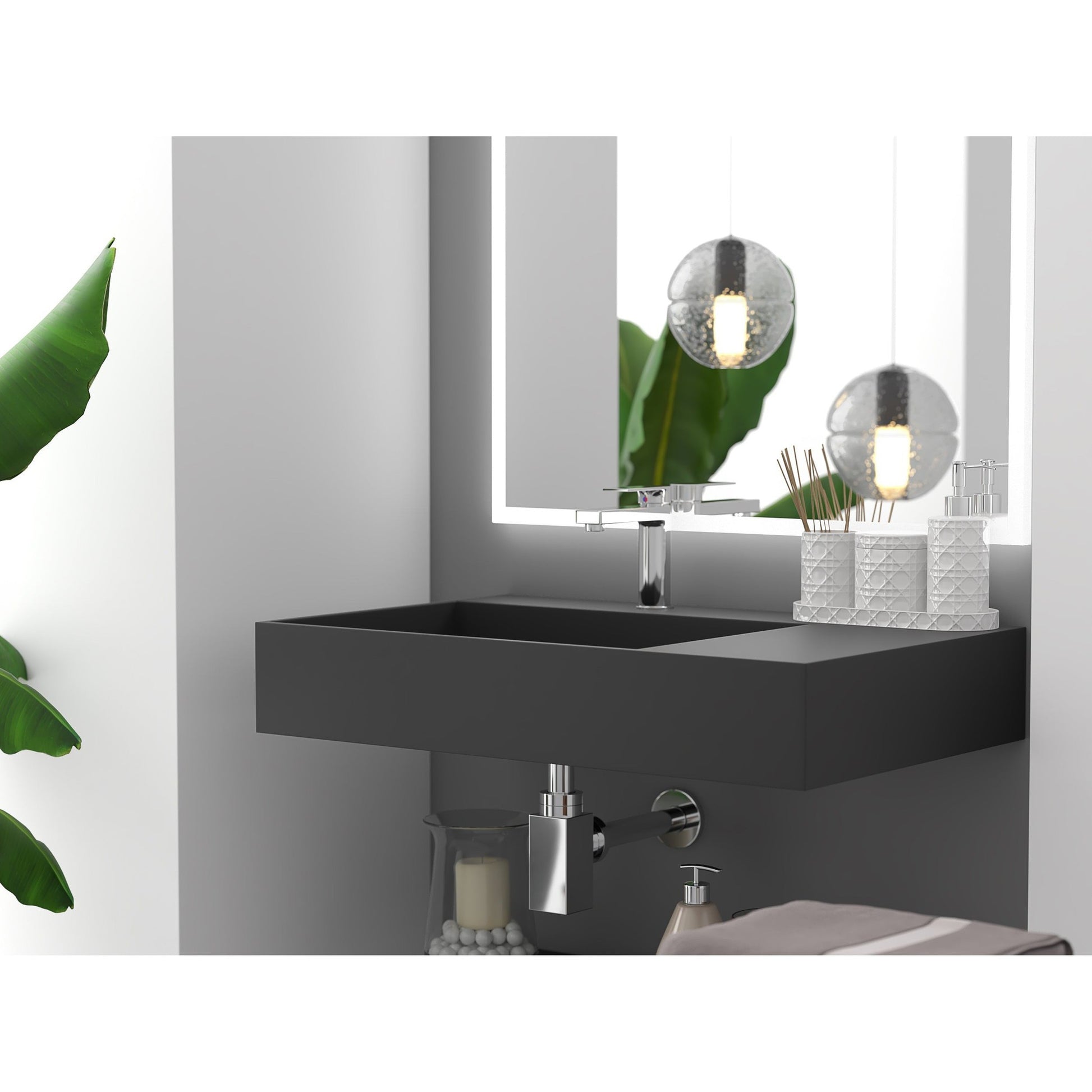 Castello USA Juniper 30" Black Left Offset Wall-Mounted Bathroom Sink With Faucet Hole