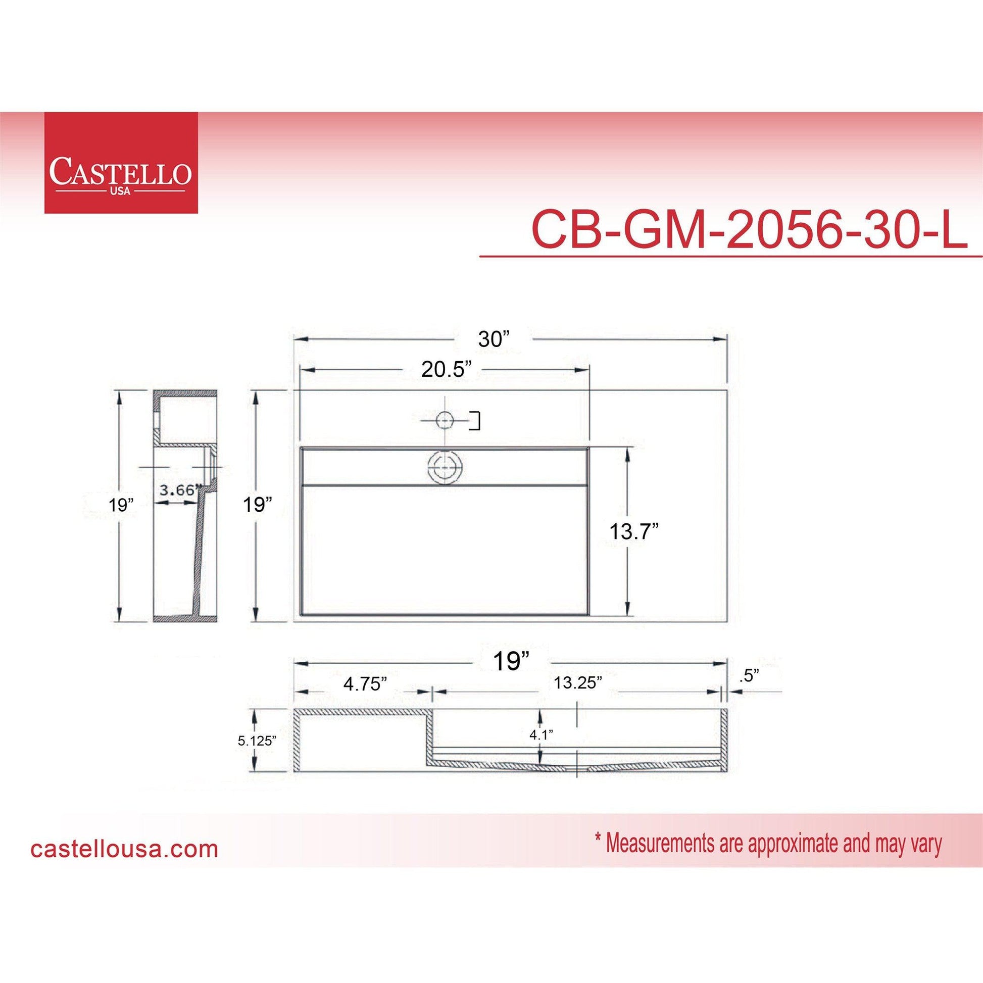 Castello USA Juniper 30" Black Left Offset Wall-Mounted Bathroom Sink With Faucet Hole