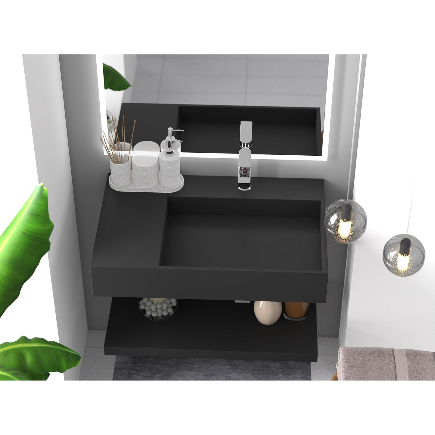 Castello USA Juniper 30" Black Right Offset Wall-Mounted Bathroom Sink With Faucet Hole