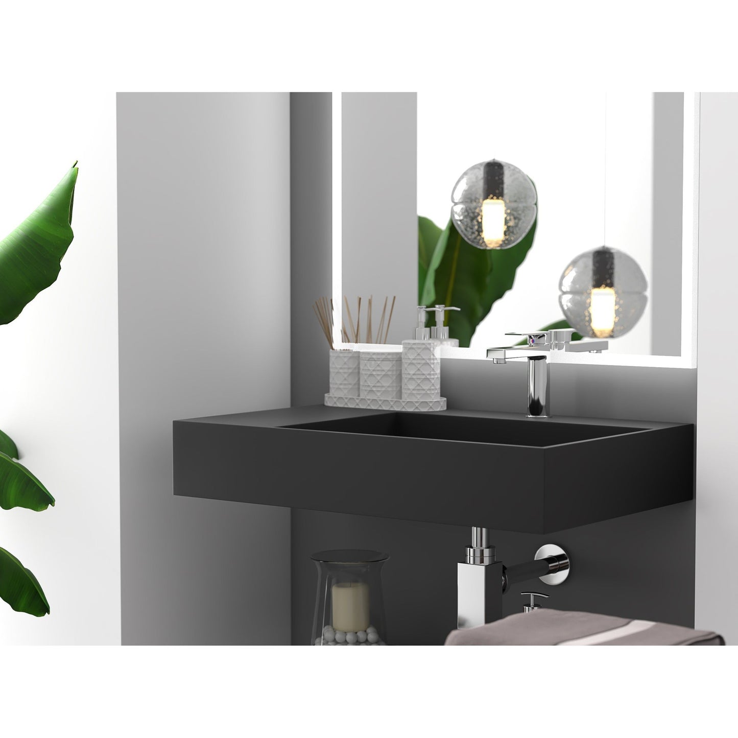 Castello USA Juniper 30" Black Right Offset Wall-Mounted Bathroom Sink With Faucet Hole