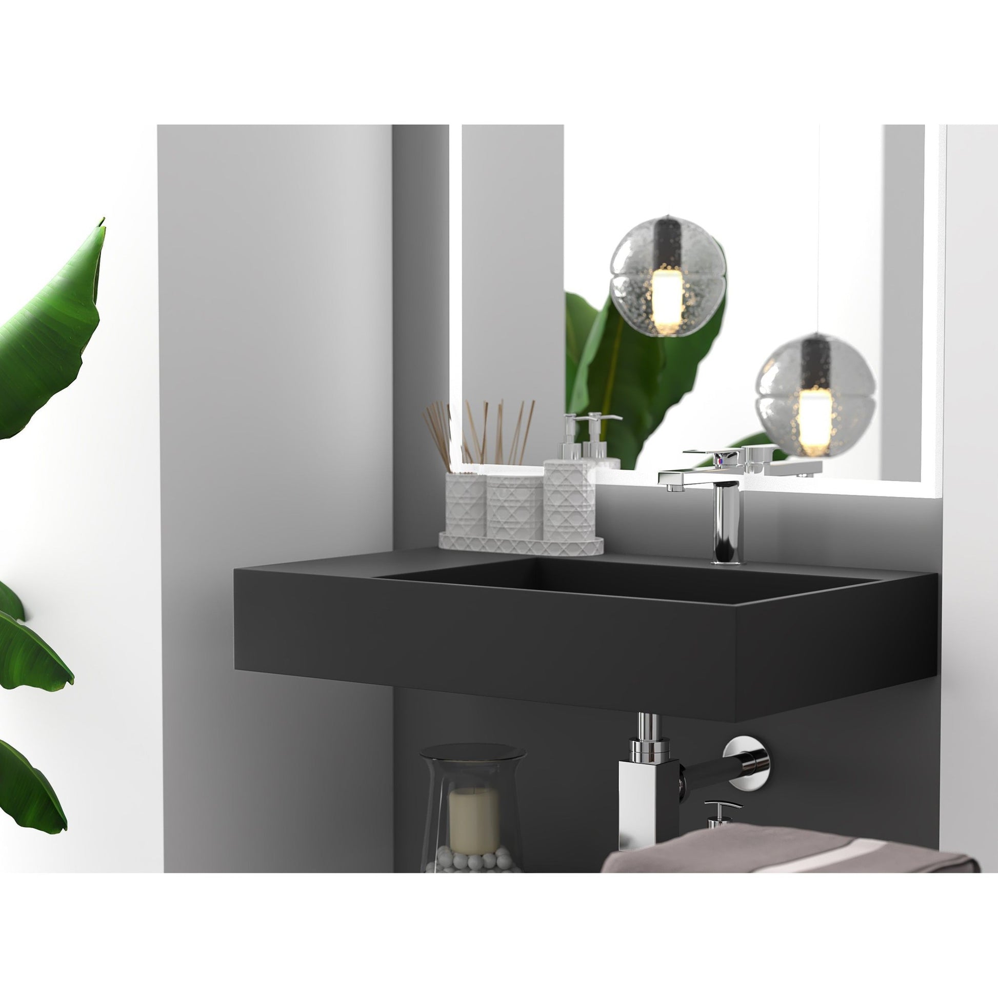 Castello USA Juniper 30" Black Right Offset Wall-Mounted Bathroom Sink With Faucet Hole