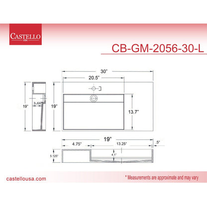 Castello USA Juniper 30" Gray Left Offset Wall-Mounted Bathroom Sink With Faucet Hole