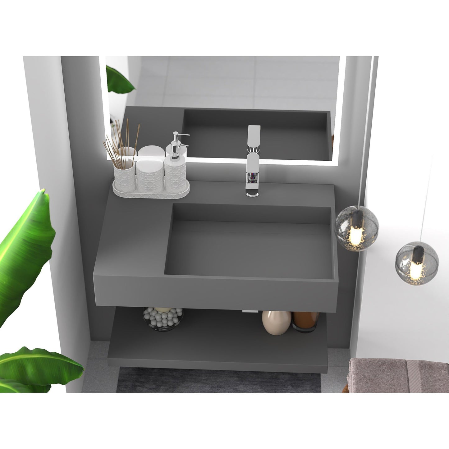 Castello USA Juniper 30" Gray Right Offset Wall-Mounted Bathroom Sink With Faucet Hole