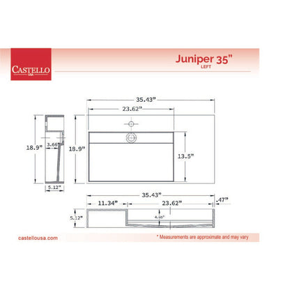 Castello USA Juniper 36" Gray Left Offset Wall-Mounted Bathroom Sink Without Faucet Hole
