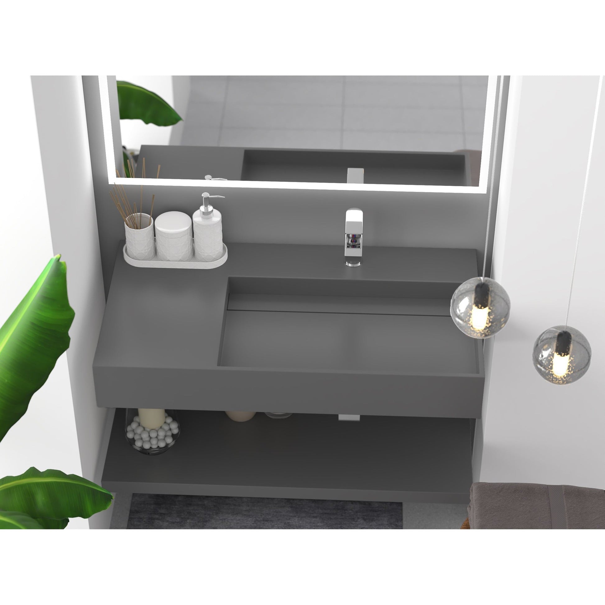 Castello USA Juniper 36" Gray Right Offset Wall-Mounted Bathroom Sink With Faucet Hole