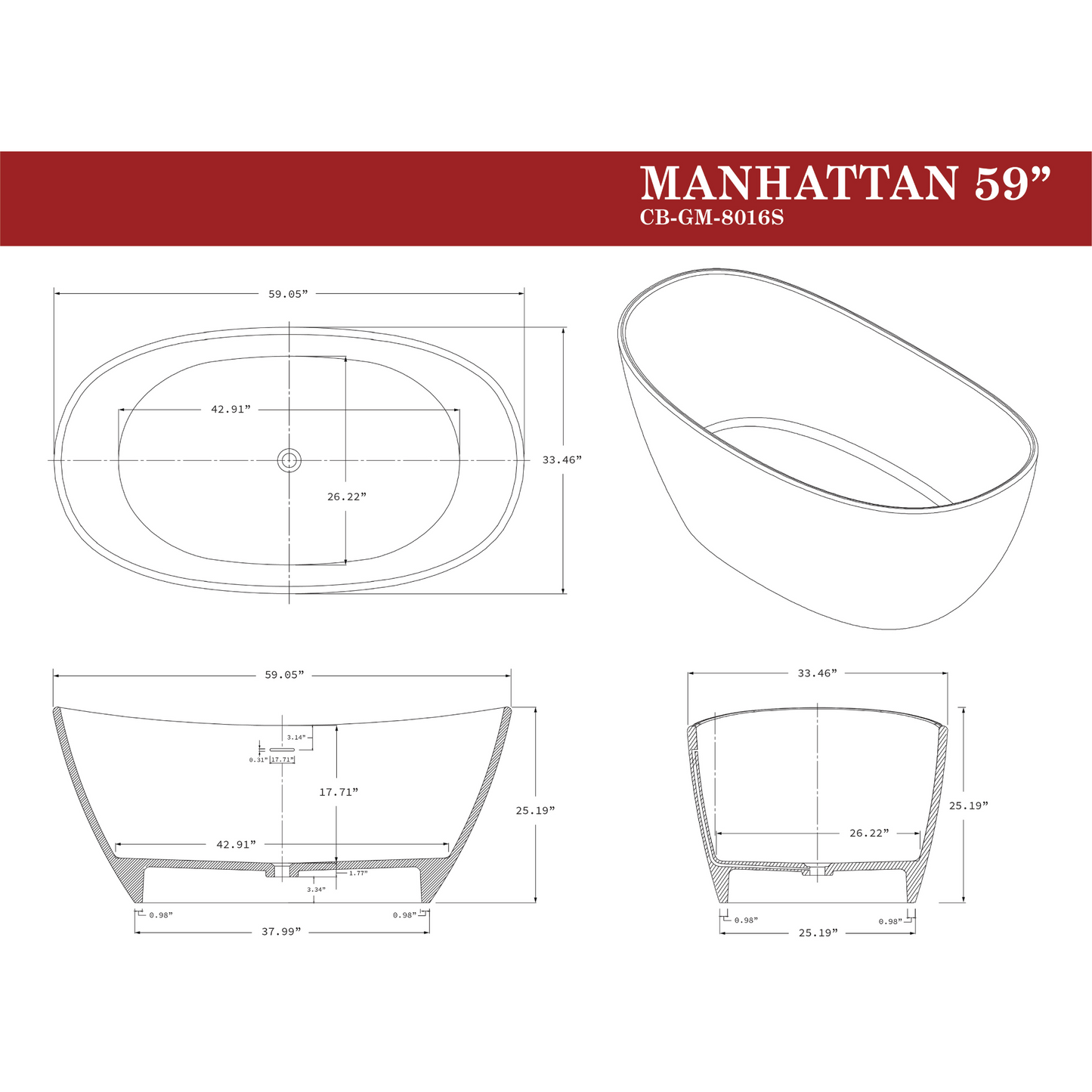 Castello USA Manhattan 59" White Freestanding Bathtub