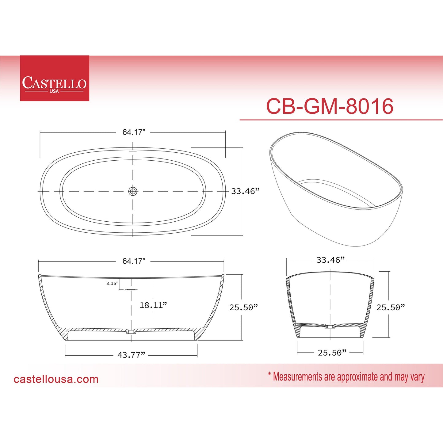 Castello USA Manhattan 64" Black Freestanding Bathtub