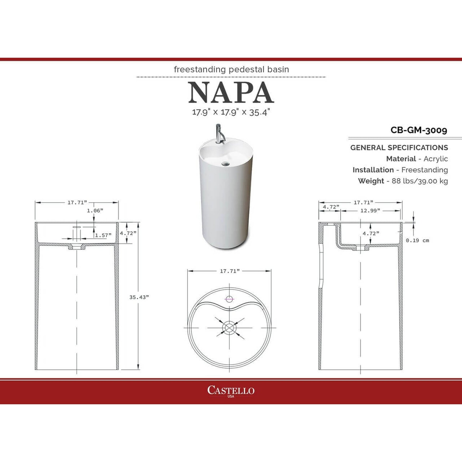 Castello USA Napa 16" White Freestanding Pedestal Sink