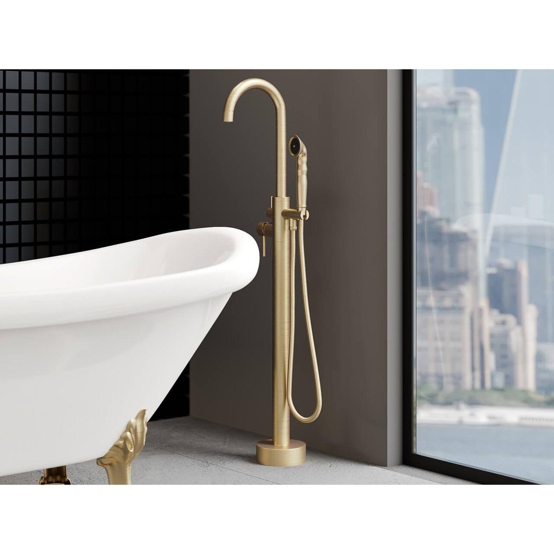 Castello USA Neptune Brushed Gold Breeze Freestanding Bathtub Filler With Shower Attachment