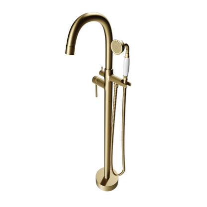 Castello USA Neptune Brushed Gold Drift Freestanding Bathtub Filler With Shower Attachment