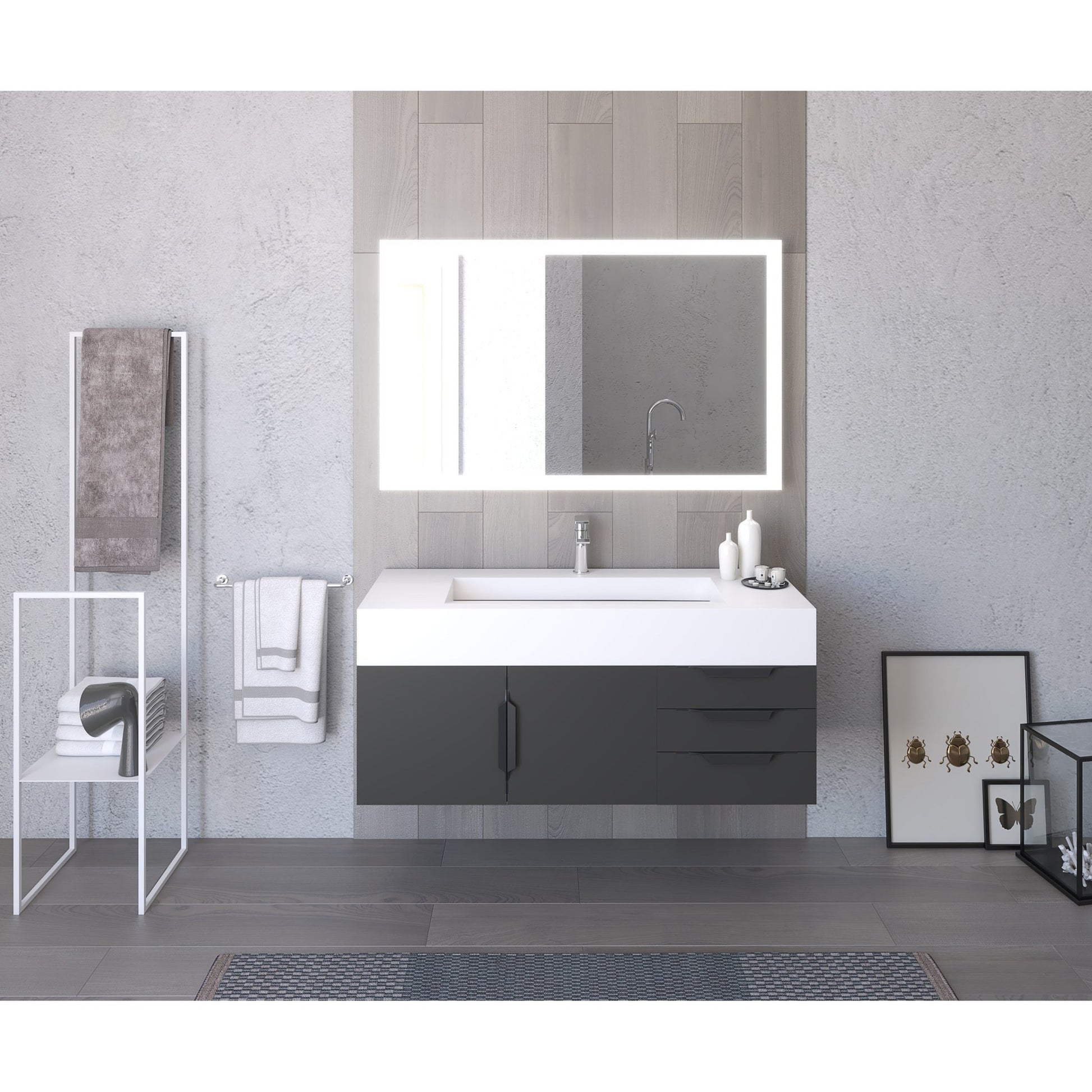 Castello USA Nile 48" 2-Door 3-Drawer Black Solid Wood Vanity Set With White Top and Black Handles