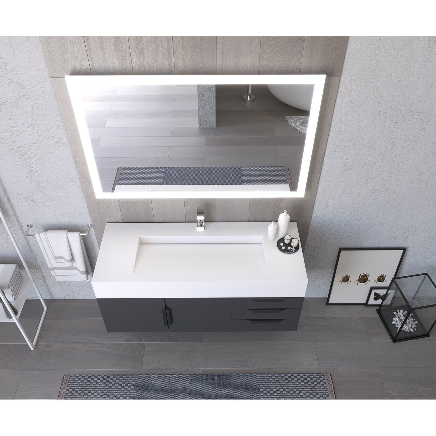 Castello USA Nile 48" 2-Door 3-Drawer Black Solid Wood Vanity Set With White Top and Black Handles
