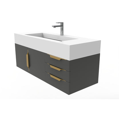 Castello USA Nile 48" 2-Door 3-Drawer Black Solid Wood Vanity Set With White Top and Gold Handles