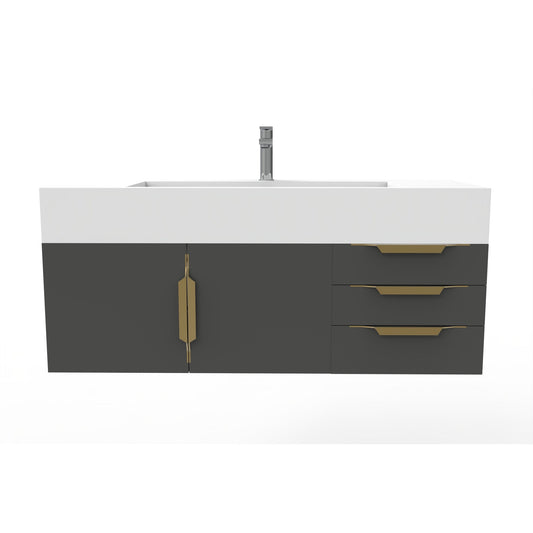 Castello USA Nile 48" 2-Door 3-Drawer Black Solid Wood Vanity Set With White Top and Gold Handles