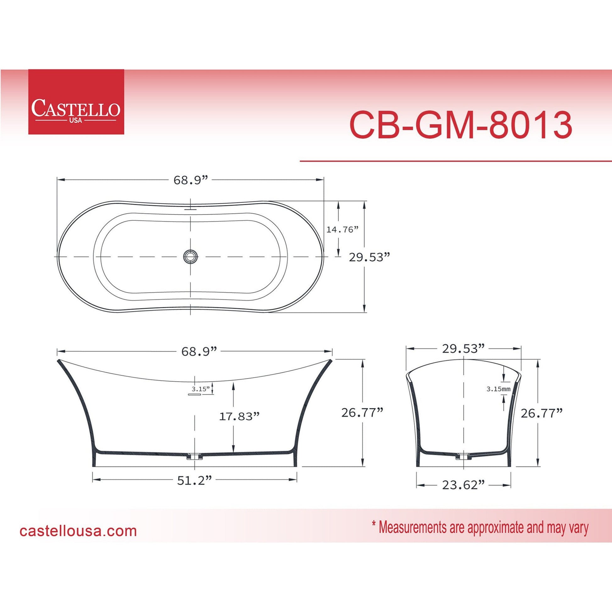 Castello USA Ocean 69" Gray Freestanding Bathtub