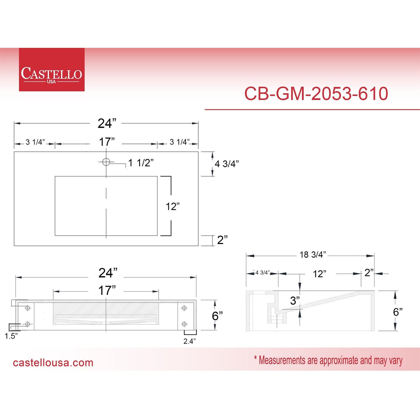 Castello USA Pyramid 24" Black Wall-Mounted Bathroom Sink With Faucet Hole