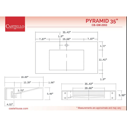 Castello USA Pyramid 36" White Wall-Mounted Bathroom Sink Without Faucet Hole