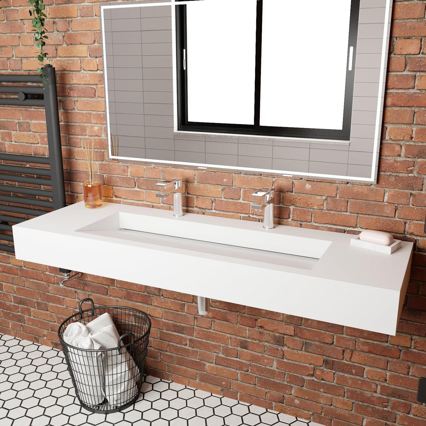 Castello USA Pyramid 60" White Wall-Mounted Bathroom Sink With Faucet Hole