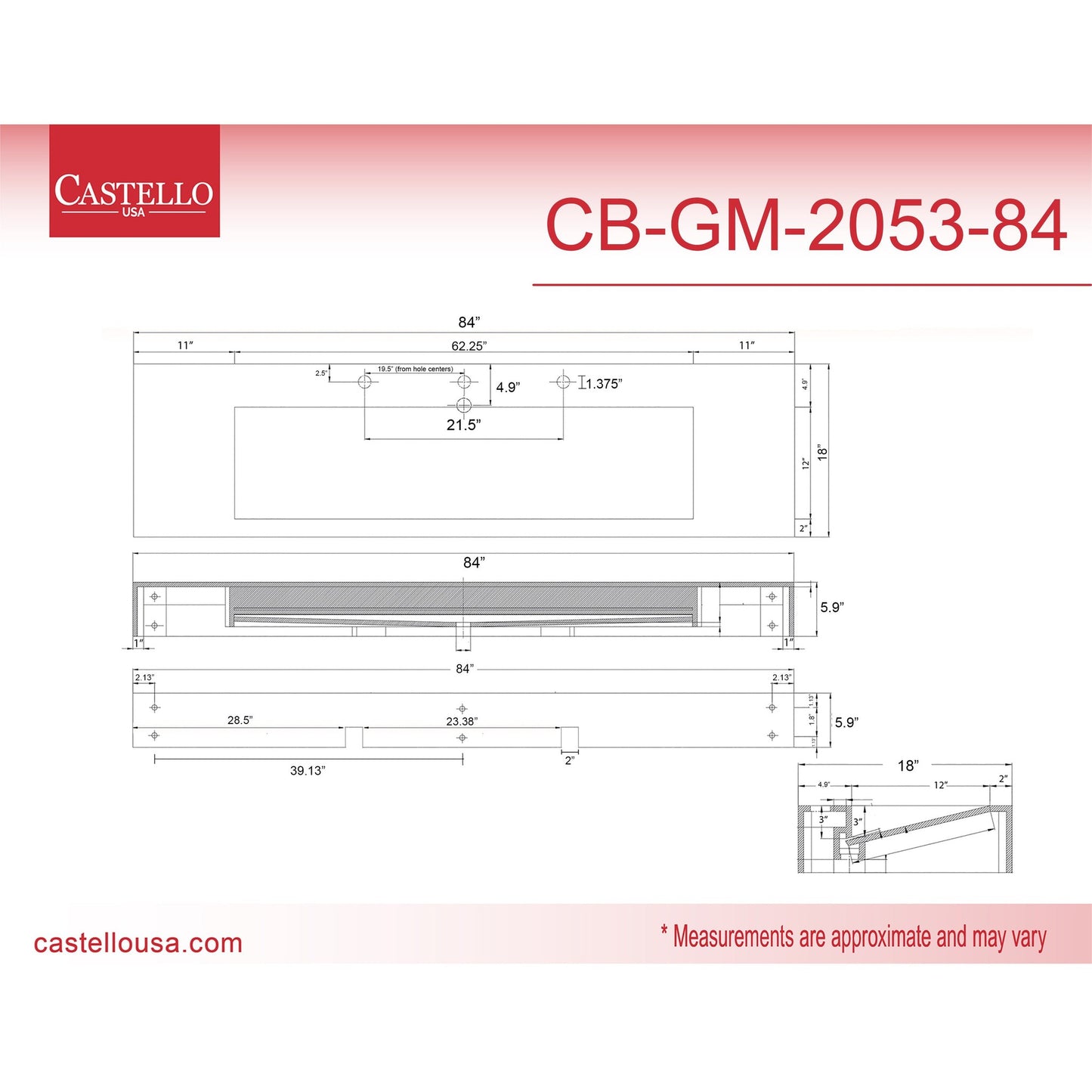 Castello USA Pyramid 84" Black Wall-Mounted Bathroom Sink With Faucet Hole
