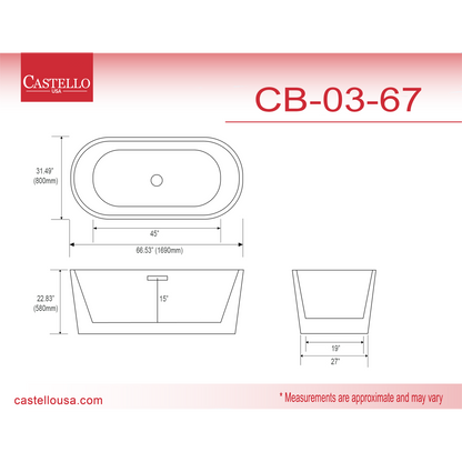 Castello USA Scarlett 67" White Freestanding Bathtub With Pop-up Drain and Overflow