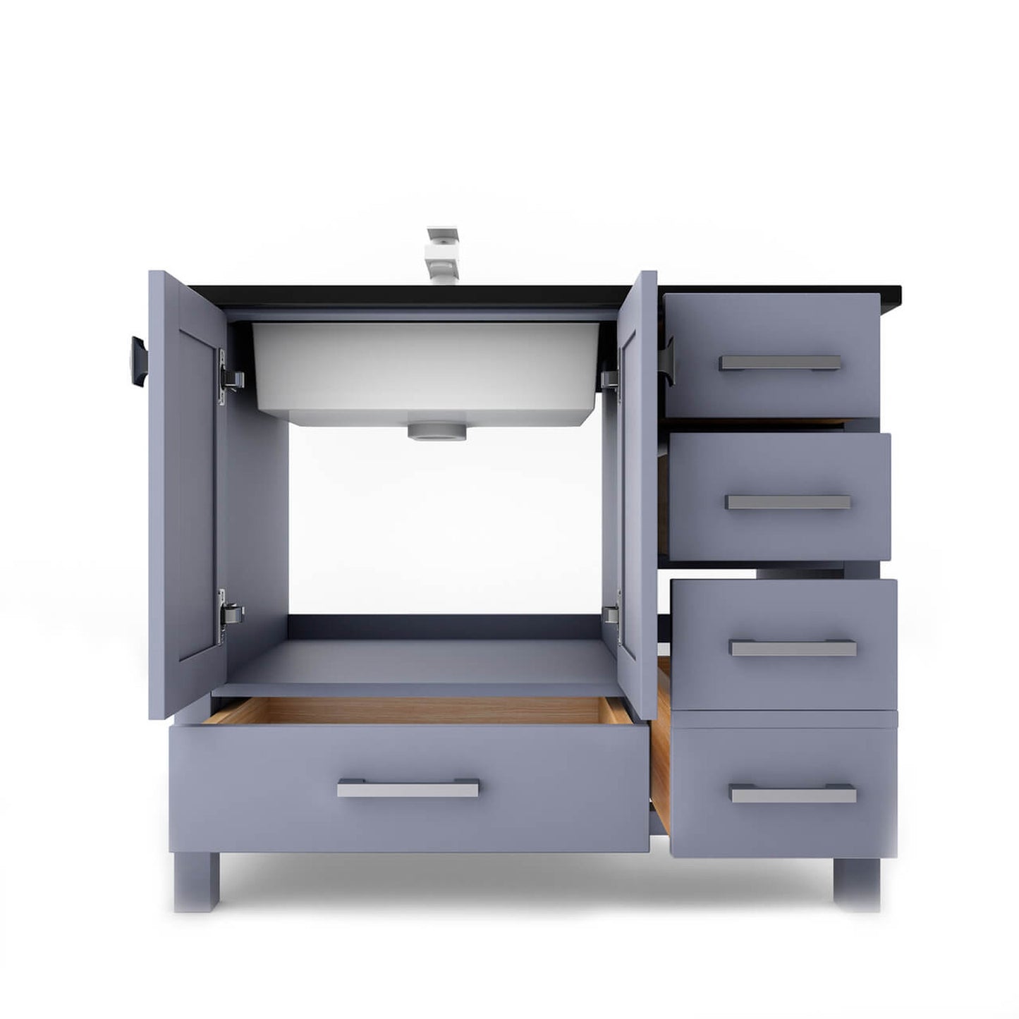 Castello USA Yamyam 36" 2-Door 4-Drawer Gray Left Offset Freestanding Vanity Set With Black Top and Chrome Handles