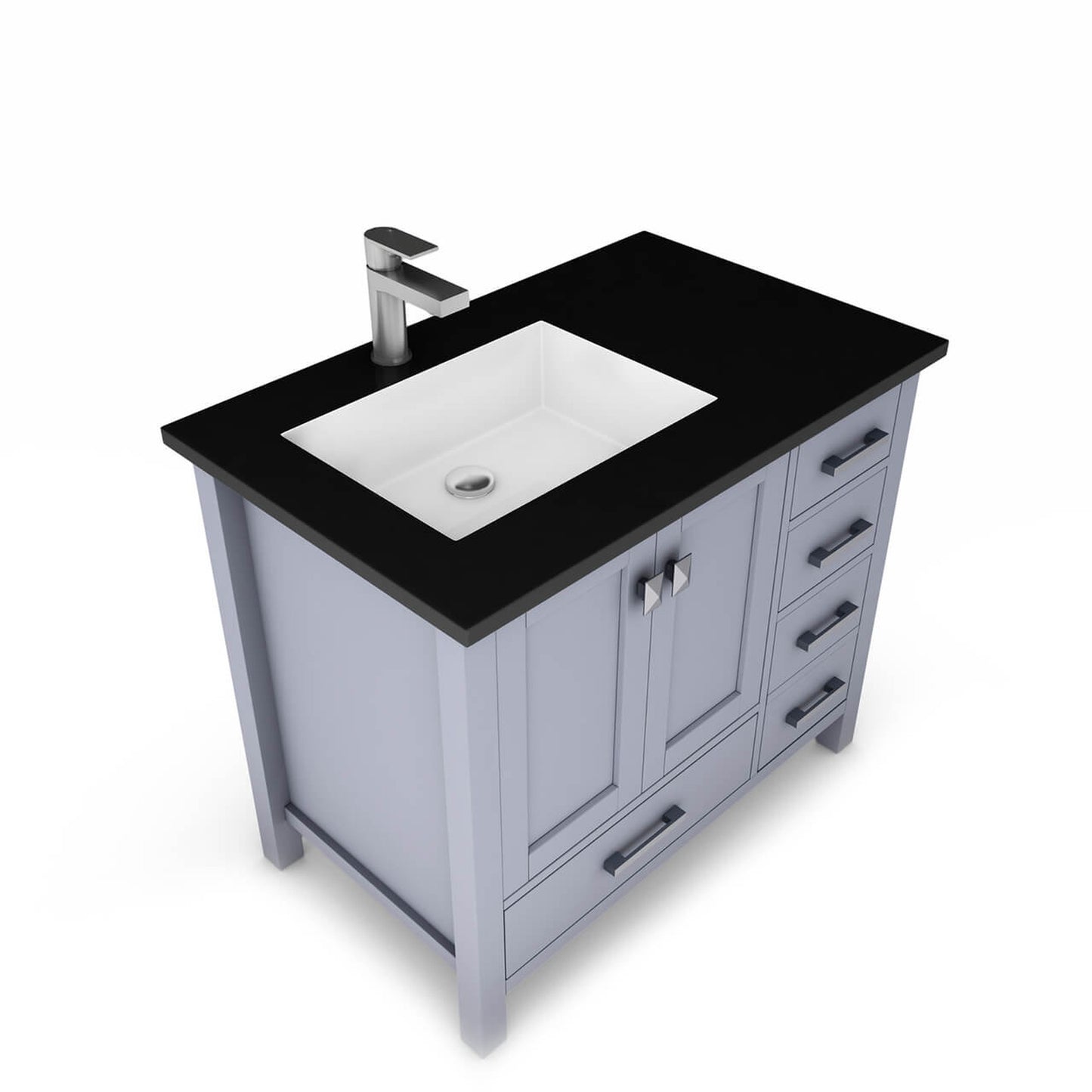 Castello USA Yamyam 36" 2-Door 4-Drawer Gray Left Offset Freestanding Vanity Set With Black Top and Chrome Handles