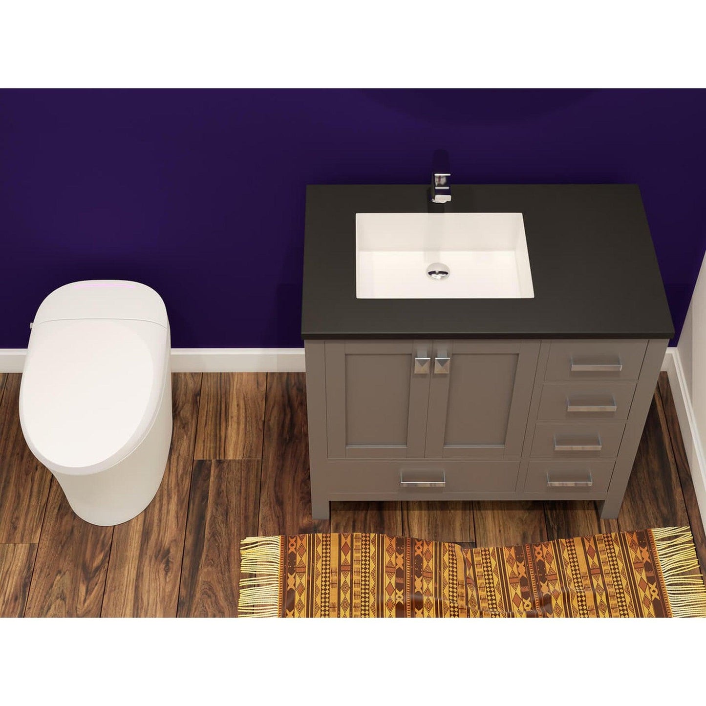 Castello USA Yamyam 36" 2-Door 4-Drawer Gray Left Offset Freestanding Vanity Set With Black Top and Chrome Handles