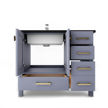 Castello USA Yamyam 36" 2-Door 4-Drawer Gray Left Offset Freestanding Vanity Set With Black Top and Gold Handles