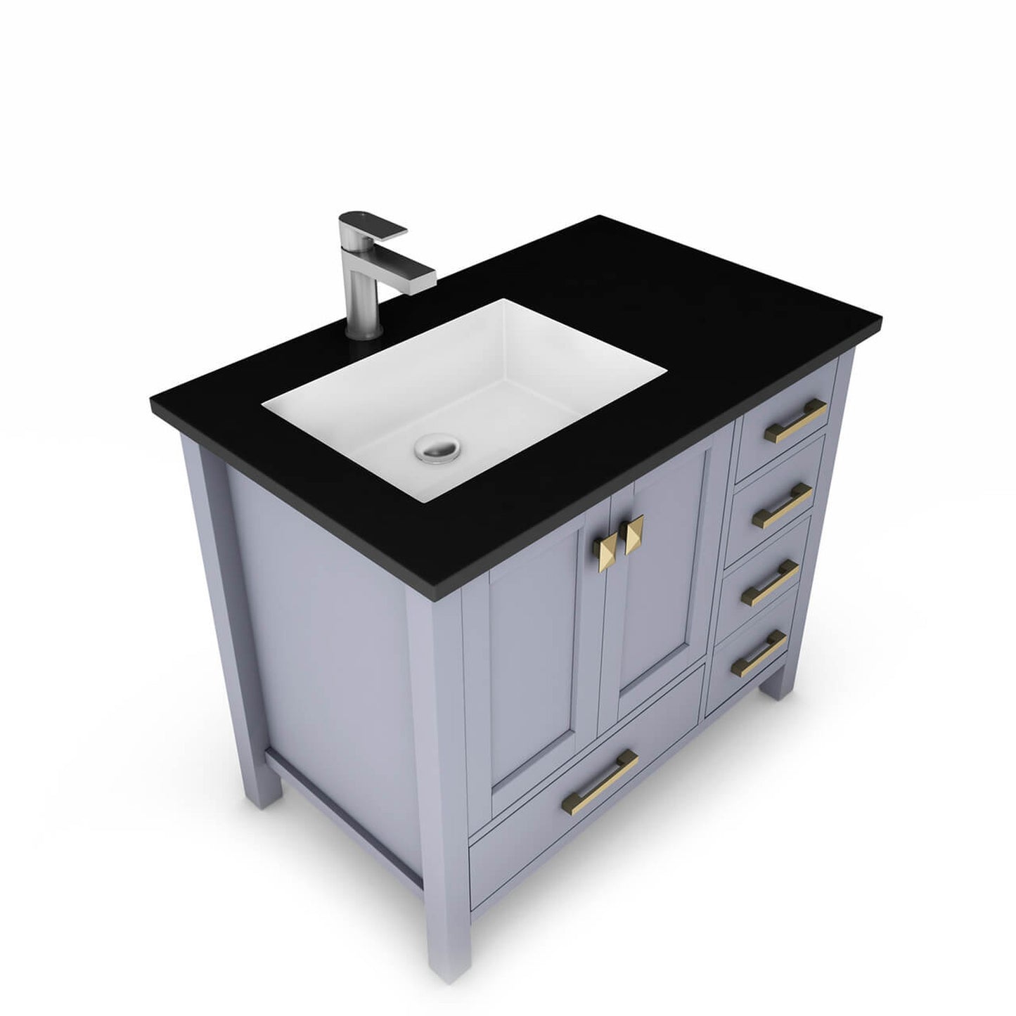 Castello USA Yamyam 36" 2-Door 4-Drawer Gray Left Offset Freestanding Vanity Set With Black Top and Gold Handles