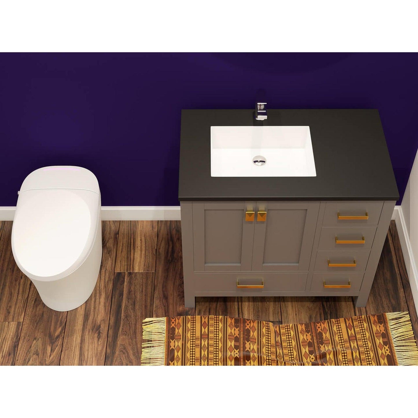 Castello USA Yamyam 36" 2-Door 4-Drawer Gray Left Offset Freestanding Vanity Set With Black Top and Gold Handles