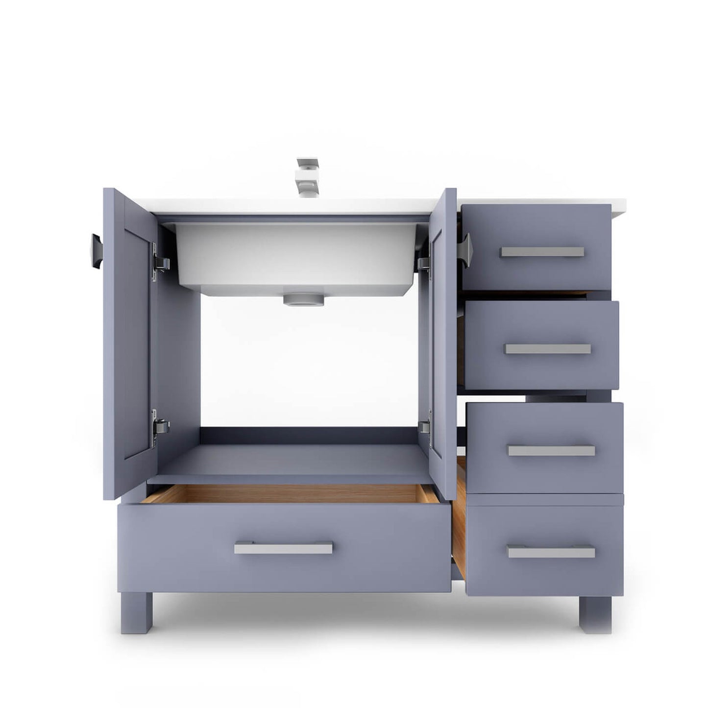Castello USA Yamyam 36" 2-Door 4-Drawer Gray Left Offset Freestanding Vanity Set With White Top and Chrome Handles