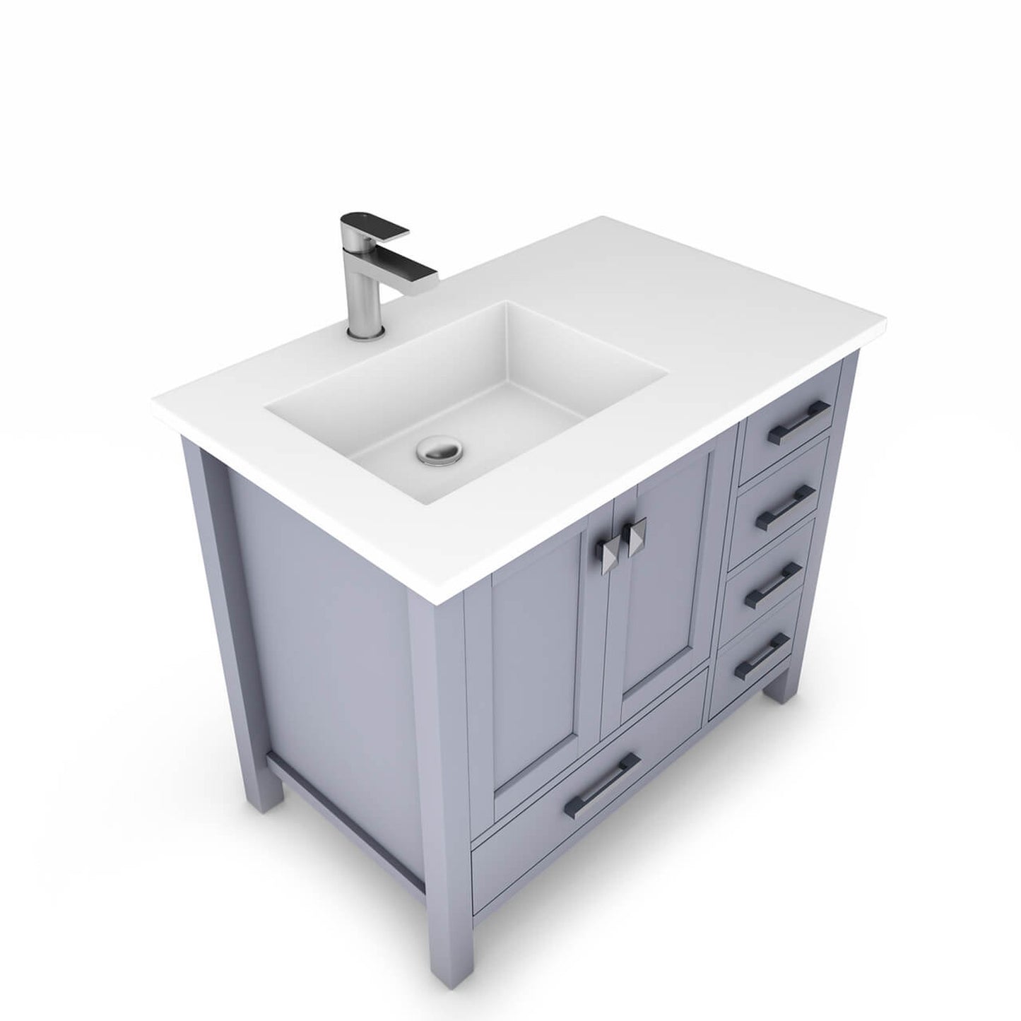 Castello USA Yamyam 36" 2-Door 4-Drawer Gray Left Offset Freestanding Vanity Set With White Top and Chrome Handles