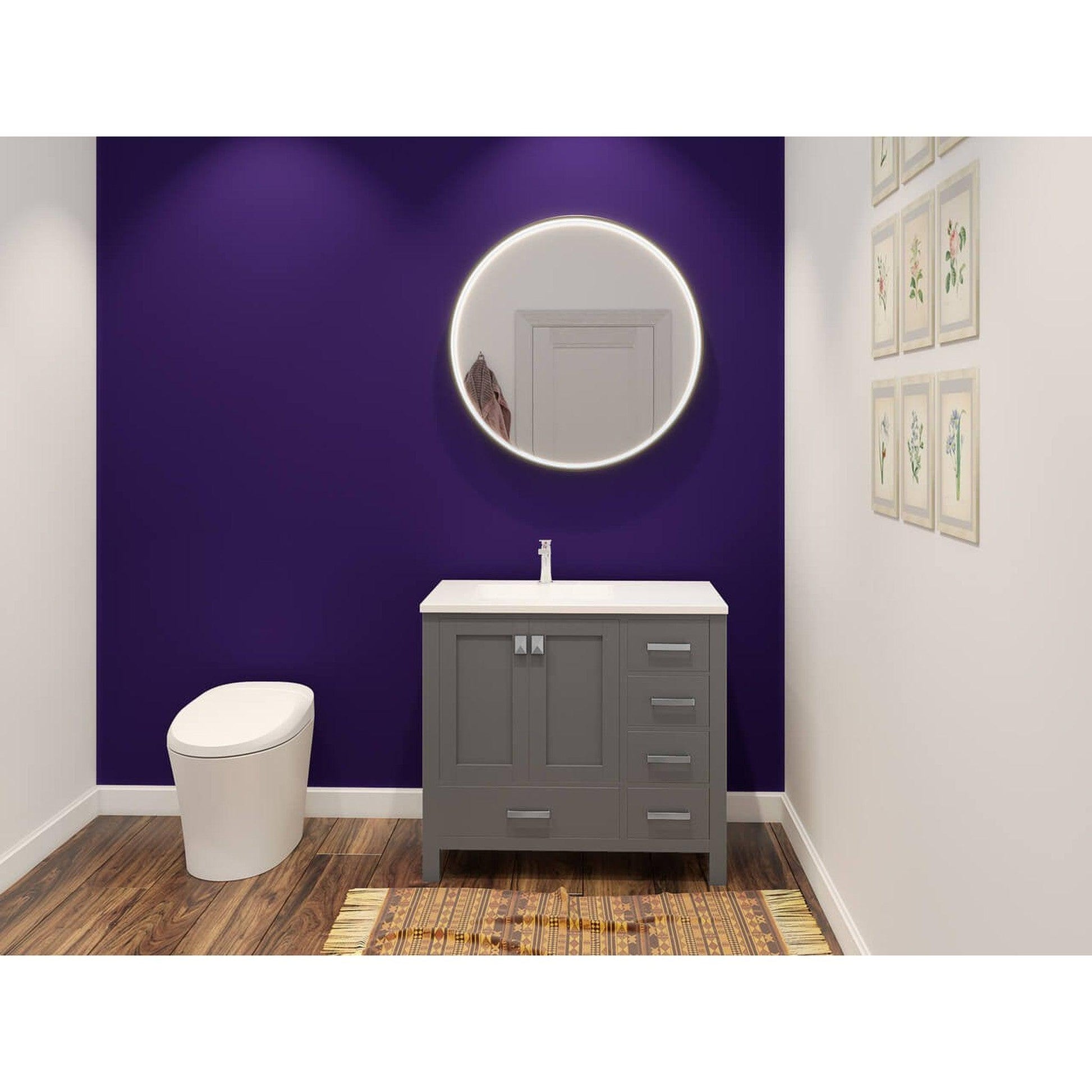 Castello USA Yamyam 36" 2-Door 4-Drawer Gray Left Offset Freestanding Vanity Set With White Top and Chrome Handles