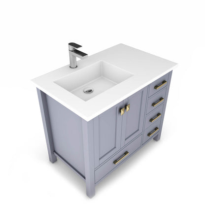 Castello USA Yamyam 36" 2-Door 4-Drawer Gray Left Offset Freestanding Vanity Set With White Top and Gold Handles