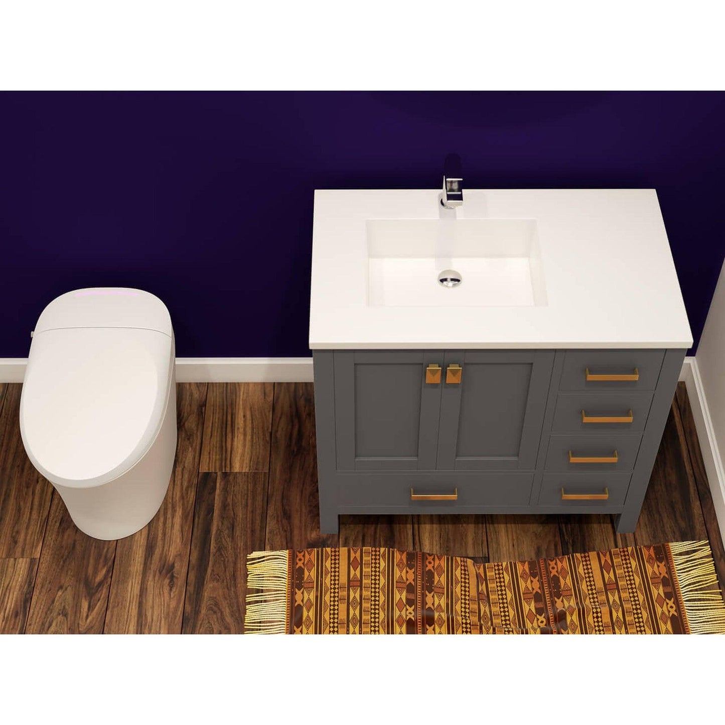 Castello USA Yamyam 36" 2-Door 4-Drawer Gray Left Offset Freestanding Vanity Set With White Top and Gold Handles