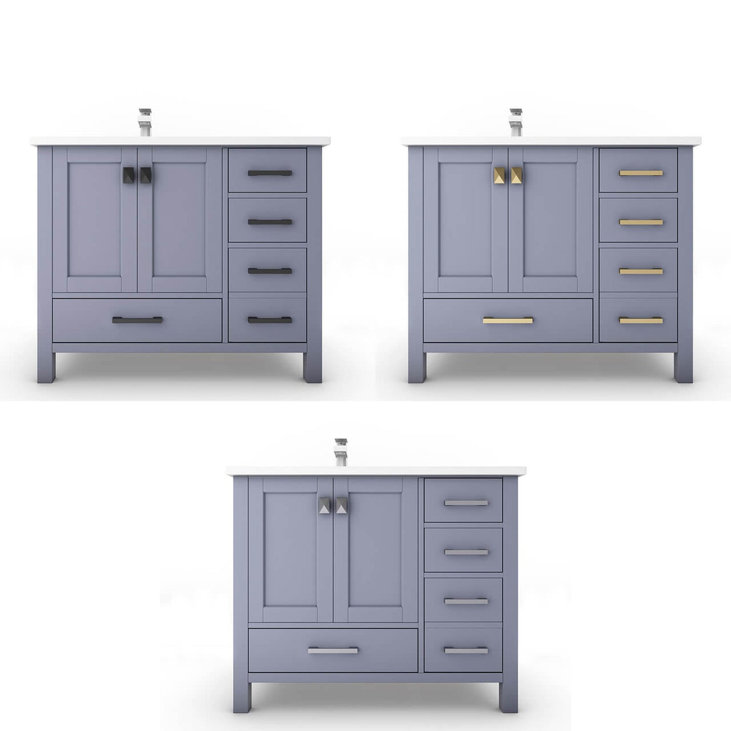 Castello USA Yamyam 36" 2-Door 4-Drawer Gray Left Offset Freestanding Vanity Set With White Top and Gold Handles