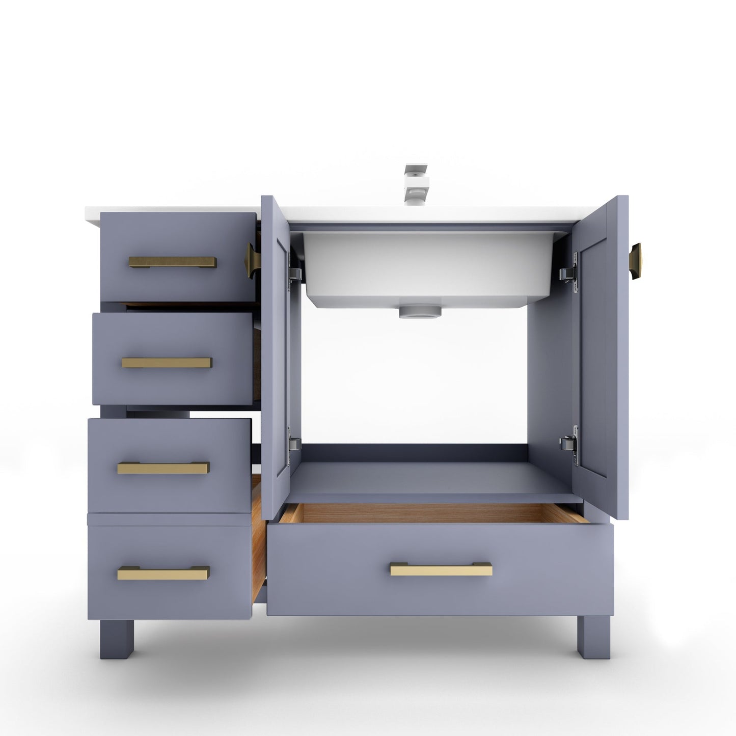 Castello USA Yamyam 36" Gray Right Offset Vanity Set With White Top and Gold Handles