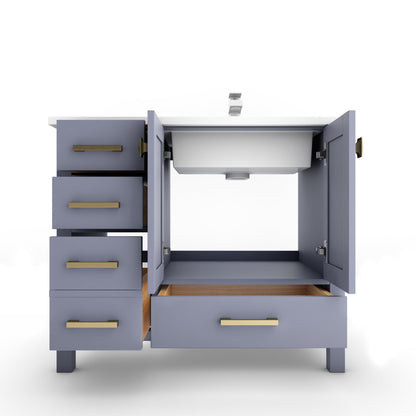 Castello USA Yamyam 36" Gray Right Offset Vanity Set With White Top and Gold Handles