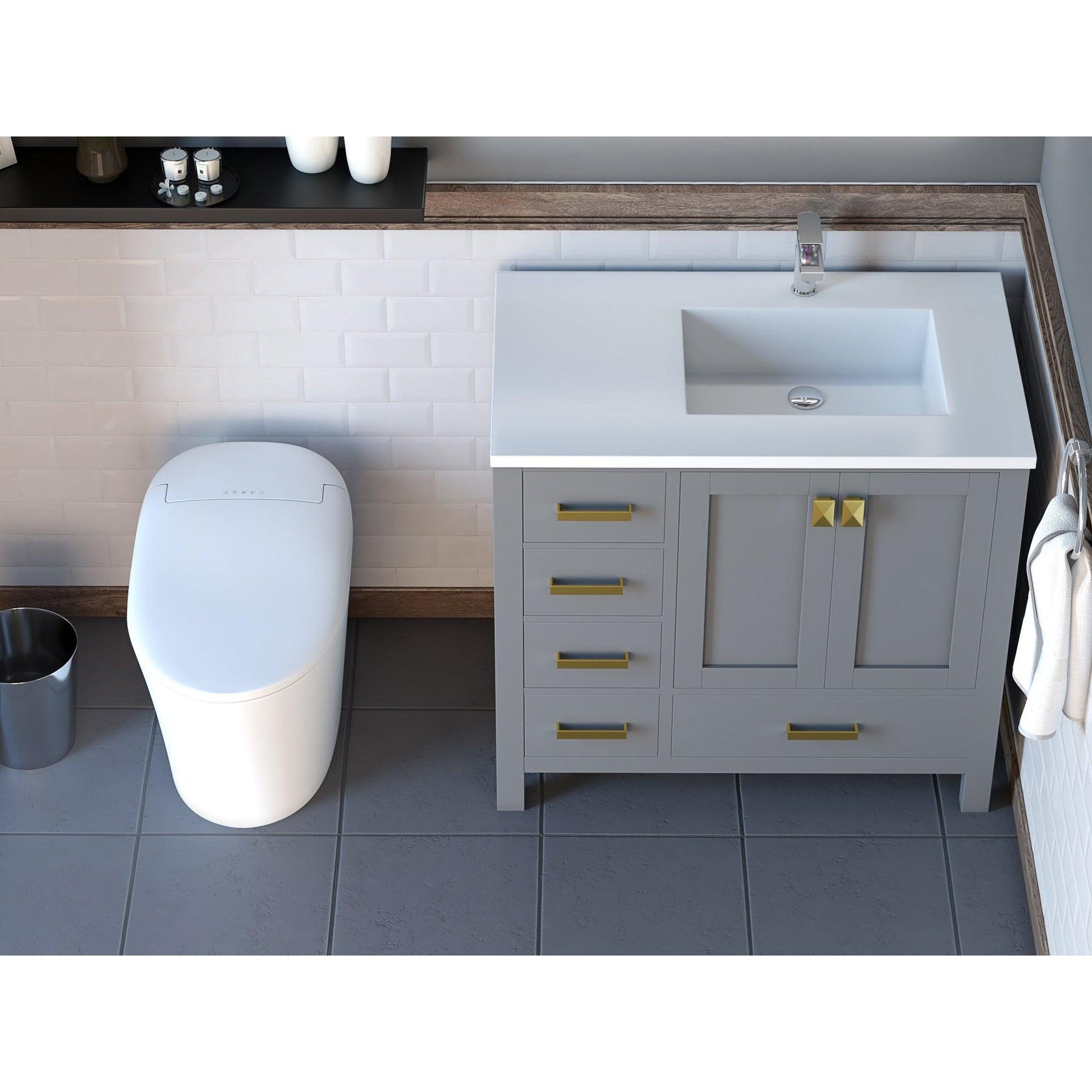 Castello USA Yamyam 36" Gray Right Offset Vanity Set With White Top and Gold Handles