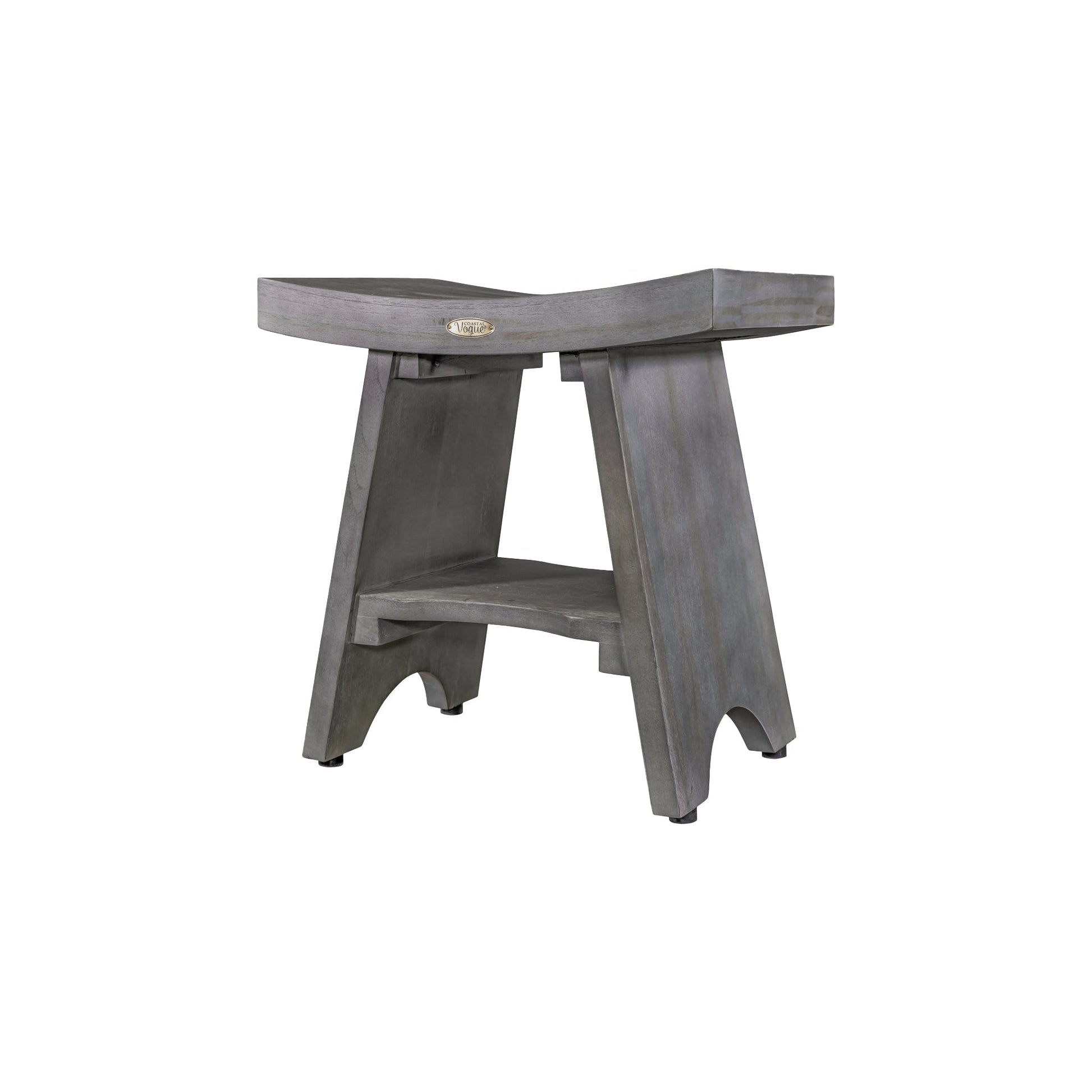 CoastalVogue Serenity 18" Antique Gray Solid Teak Wood Shower Bench With Shelf